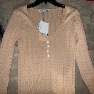Zara Pointelle Henley Top Brand New With Tags